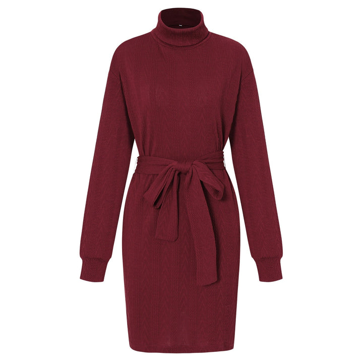 Slim Fit Rollkragen Mini Kleid mit langen Ärmeln | Taillierter Strick mit Gürtel