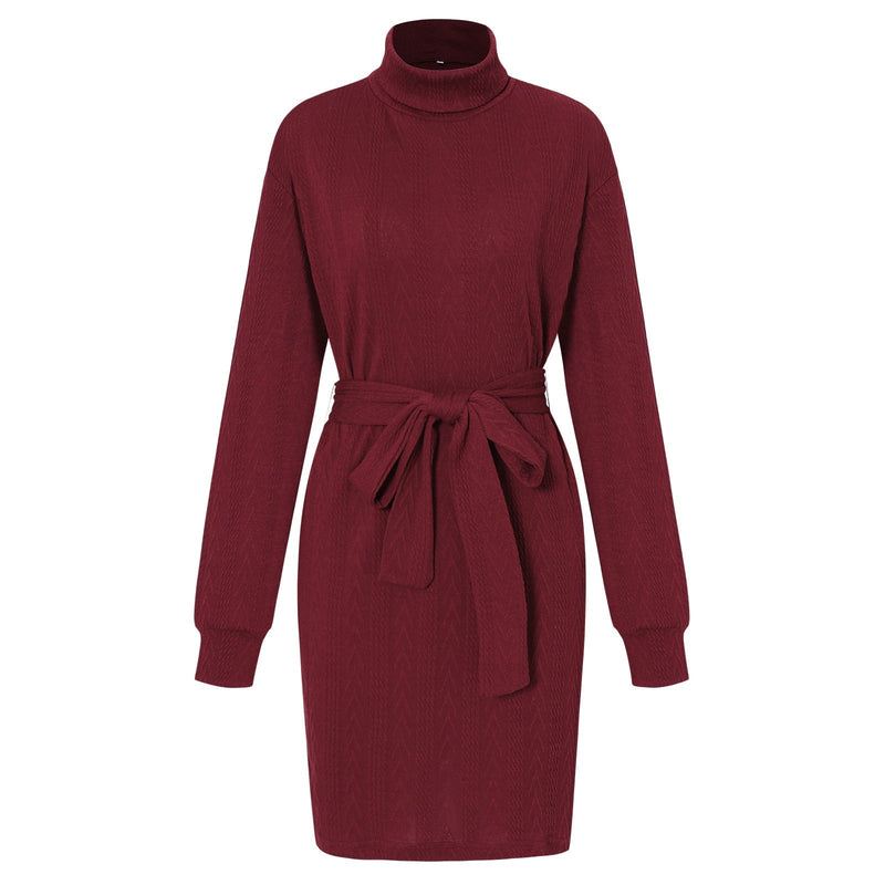 Slim Fit Rollkragen Mini Kleid mit langen Ärmeln | Taillierter Strick mit Gürtel