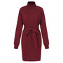 Slim Fit Rollkragen Mini Kleid mit langen Ärmeln | Taillierter Strick mit Gürtel