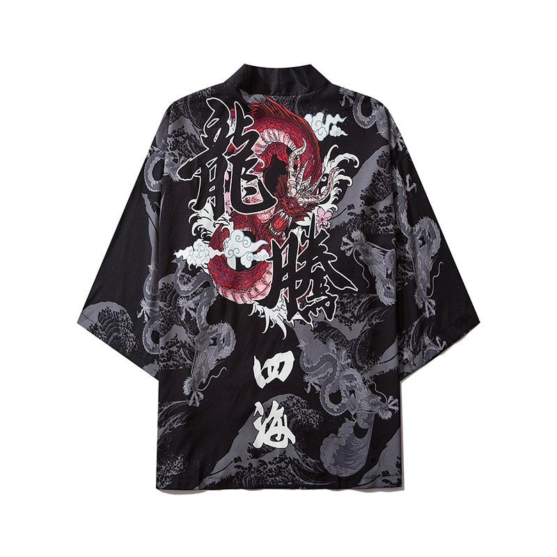 Japanese Wave Carp Print Coat Traditional