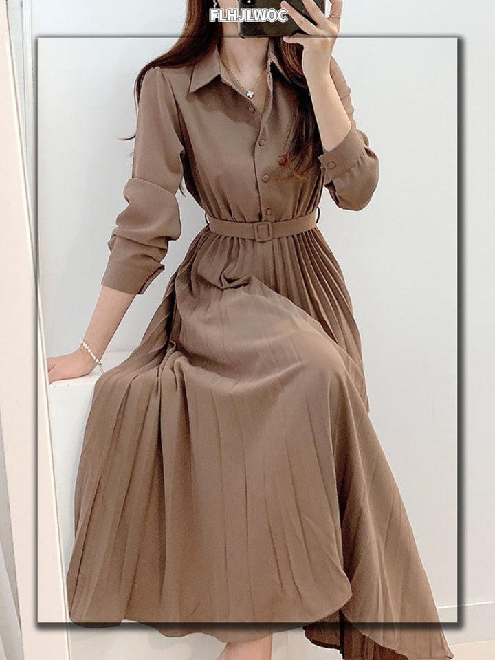Elegant High Waist Pleated Maxi Dress | Long Sleeves With Belt