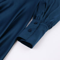 Elegante Marineblauwe Jurk met Lantaarnmouwen en Split in Satijn | Hoge Taille A-Lijn Feest Midi Mode