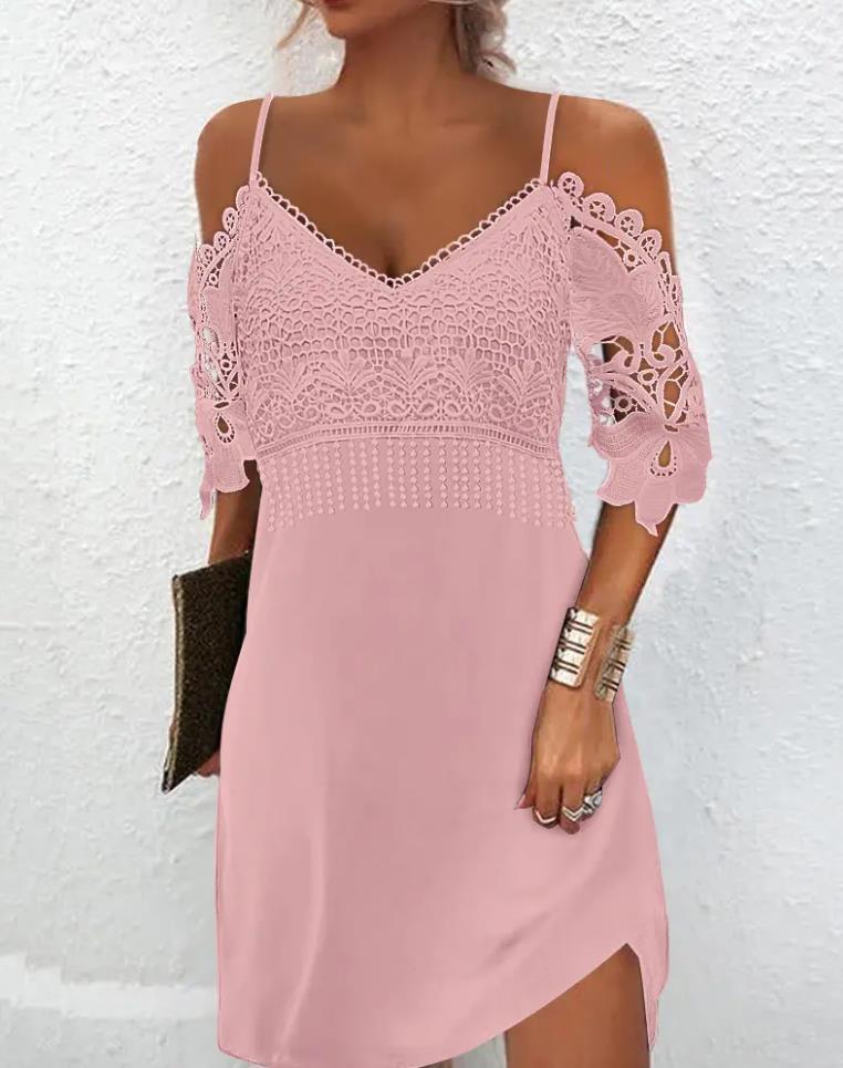 Summer Lace Spaghetti Strap Mini Dress | Sexy Sleeveless V-Neck Solid Color