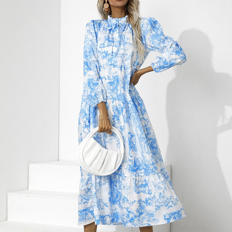 Elegante Losse Pasvorm Lange Mouw Bloemenprint Jurk | Herfst Feestkleding