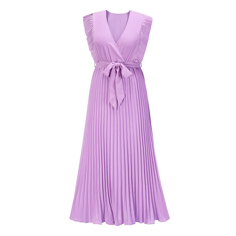 Elegante Mouwloze V-Hals Zomerjurk | Geplooide Chiffon Maxi met Riem