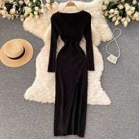 Herbst-Winter Hoher Schlitz Pullover Enges Elastisches Bodycon-Kleid | Langarm-Party-Kleid