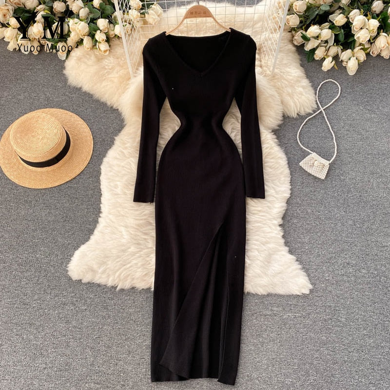Herbst-Winter Hoher Schlitz Pullover Enges Elastisches Bodycon-Kleid | Langarm-Party-Kleid