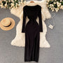 Herbst-Winter Hoher Schlitz Pullover Enges Elastisches Bodycon-Kleid | Langarm-Party-Kleid