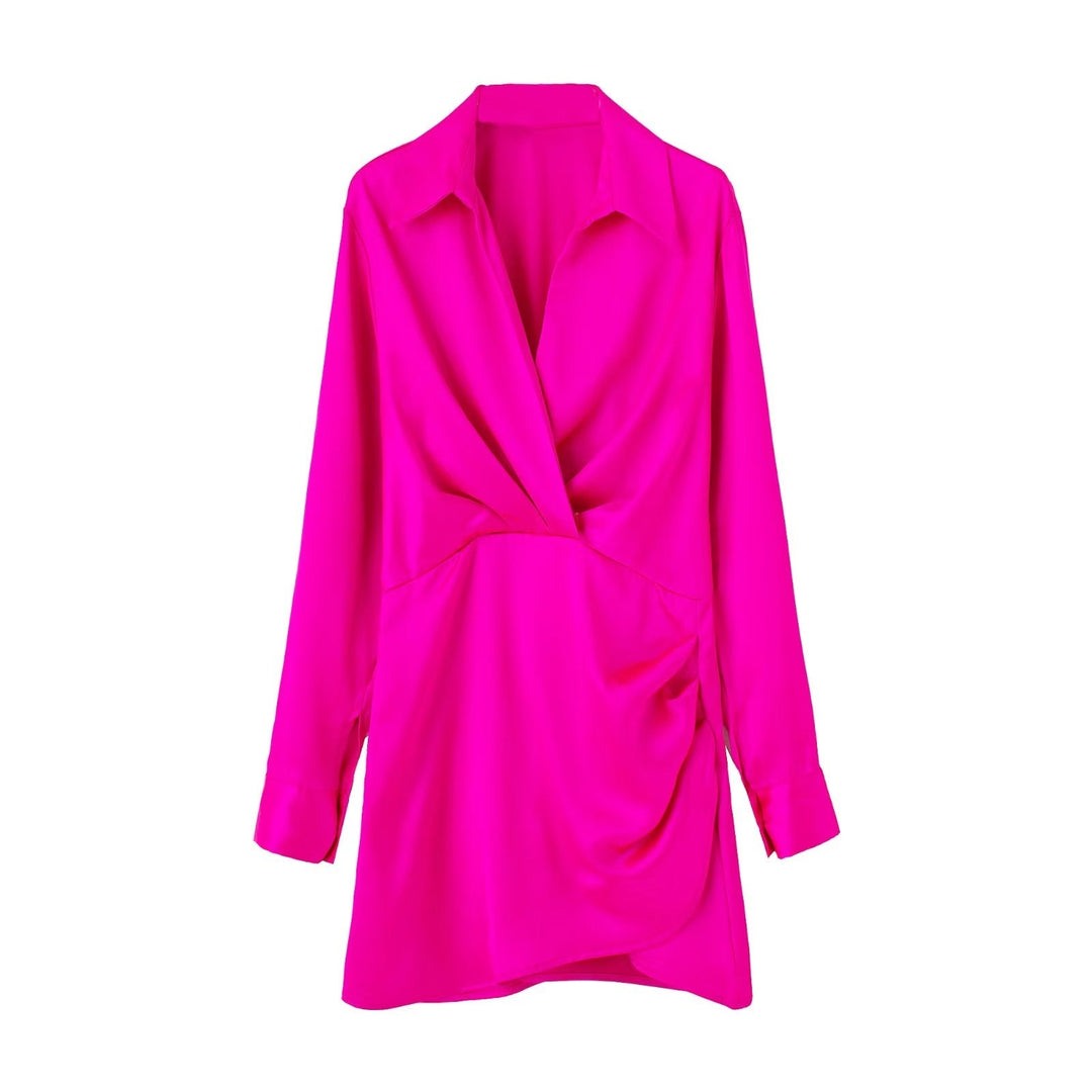 Elegante Roze Satijnen Wikkeljurk | Lange Mouwen Mini Jurk
