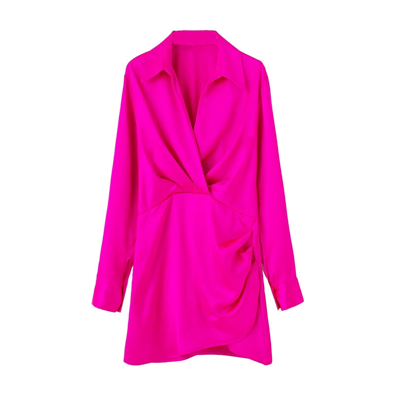 Elegante Roze Satijnen Wikkeljurk | Lange Mouwen Mini Jurk