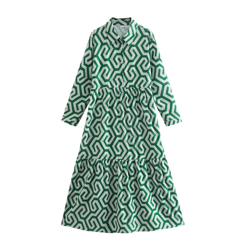 Geometrisch bedrucktes Hemdblusenkleid mit langen Ärmeln | Lässiges A-Linien-Party-Kleid