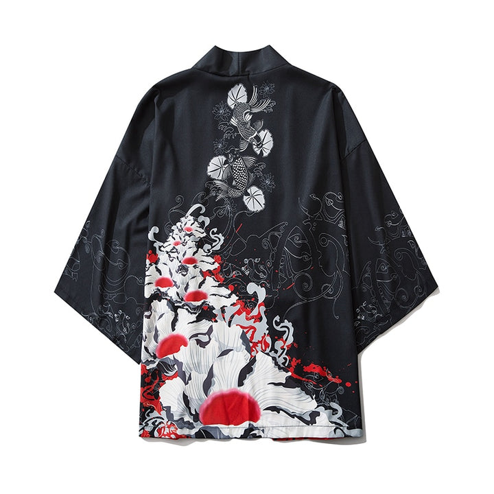 Japanese Wave Carp Print Coat Traditional