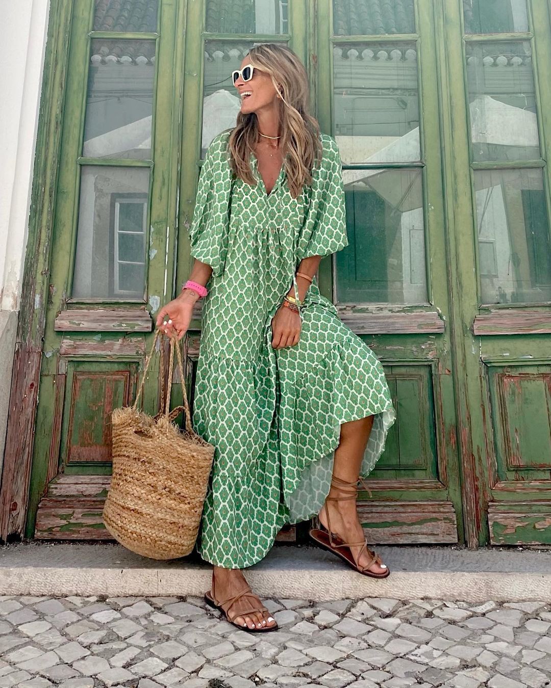 Boho Puffärmel V-Ausschnitt Langes Sommerkleid | Blumenmuster | Lässige Strandkleidung