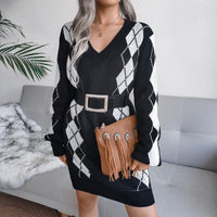 Herbst-Winter Trendiges Damen V-Ausschnitt Langarm Kariertes Pullover-Rock-Set
