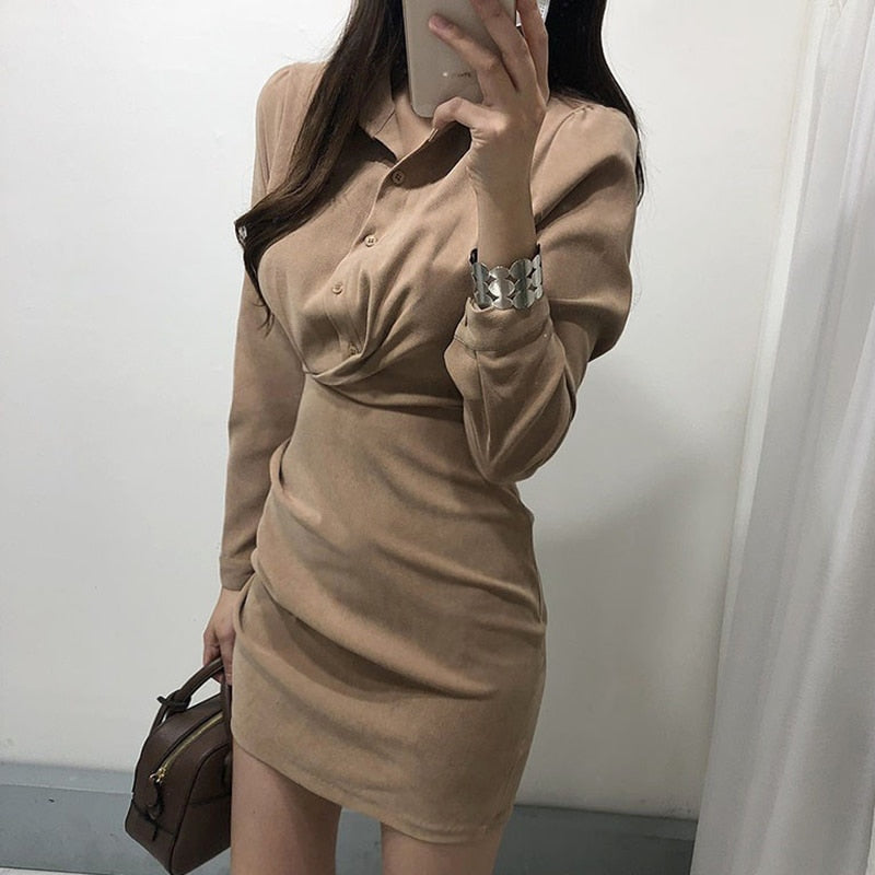 Schicke Umlegekragen Einreihige Bandkleid | Hohe Taille Falten Bodycon