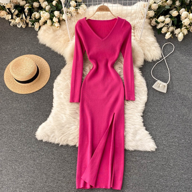 Herbst-Winter Hoher Schlitz Pullover Enges Elastisches Bodycon-Kleid | Langarm-Party-Kleid