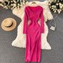 Herbst-Winter Hoher Schlitz Pullover Enges Elastisches Bodycon-Kleid | Langarm-Party-Kleid