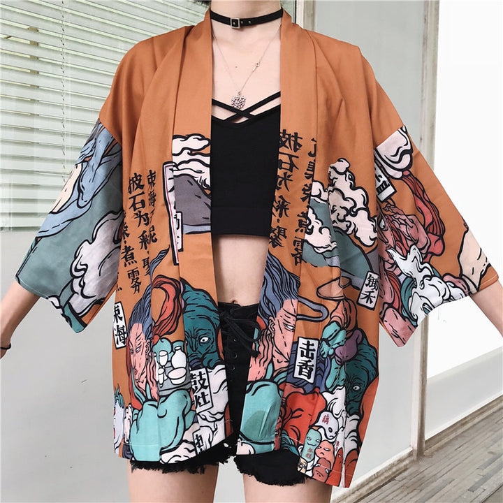 Japanese Wave Carp Print Coat Traditional