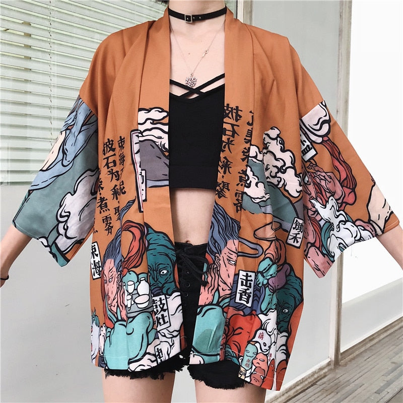 Japanese Wave Carp Print Coat Traditional