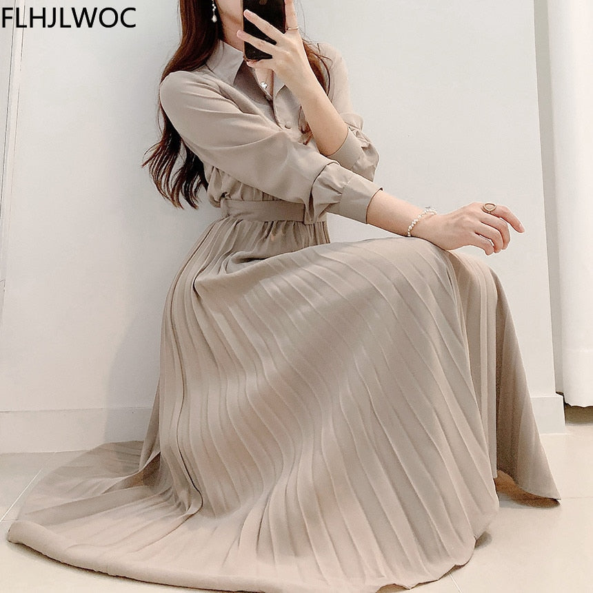 Elegant High Waist Pleated Maxi Dress | Long Sleeves With Belt