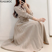 Elegant High Waist Pleated Maxi Dress | Long Sleeves With Belt