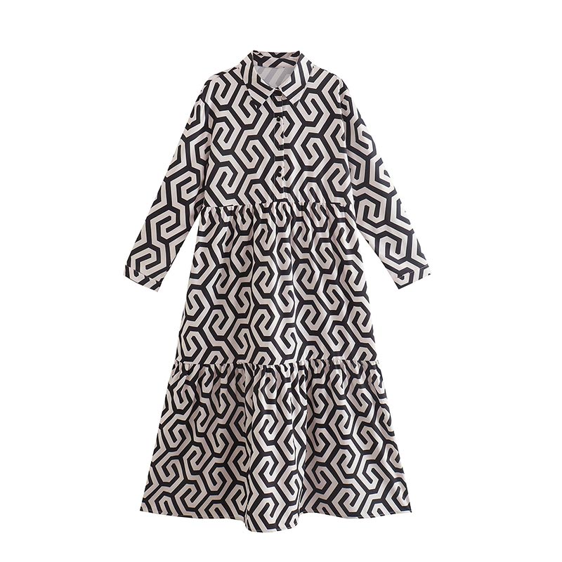 Geometrisch bedrucktes Hemdblusenkleid mit langen Ärmeln | Lässiges A-Linien-Party-Kleid