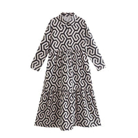 Geometrisch bedrucktes Hemdblusenkleid mit langen Ärmeln | Lässiges A-Linien-Party-Kleid