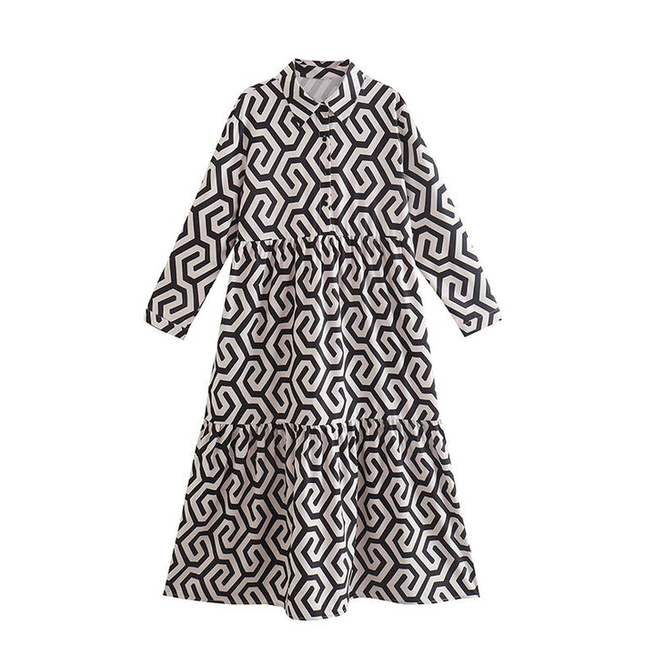 Geometrisch bedrucktes Hemdblusenkleid mit langen Ärmeln | Lässiges A-Linien-Party-Kleid