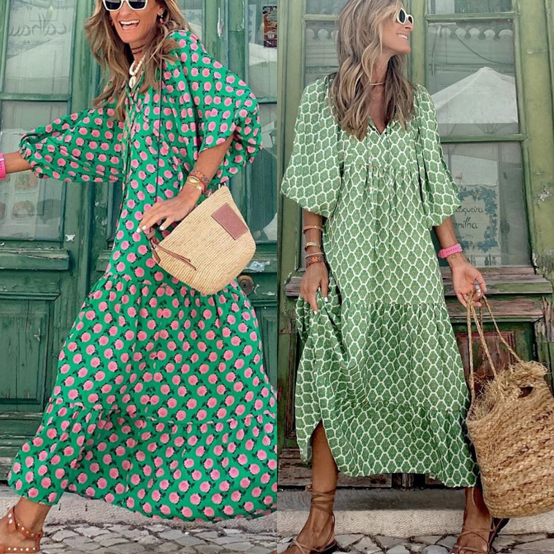 Boho Puffärmel V-Ausschnitt Langes Sommerkleid | Blumenmuster | Lässige Strandkleidung