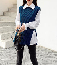 Chique Lace-Up Gebreid Vest & Casual Witte Blouse | Mode voor Vrouwen