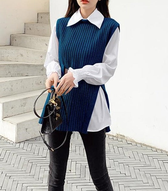 Chique Lace-Up Gebreid Vest & Casual Witte Blouse | Mode voor Vrouwen