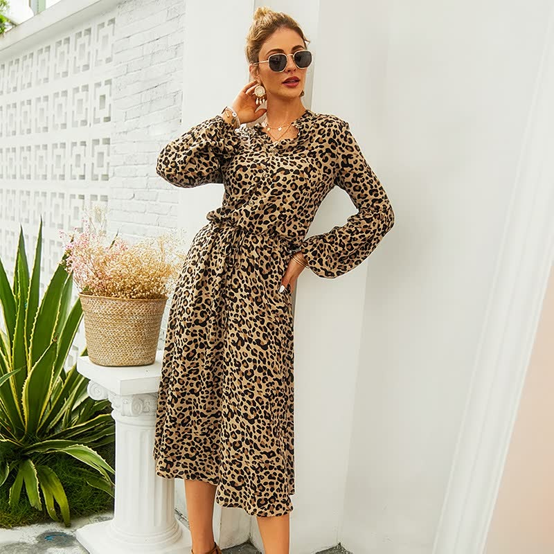 Elegancy™: Lange mouw jurk met luipaardprint