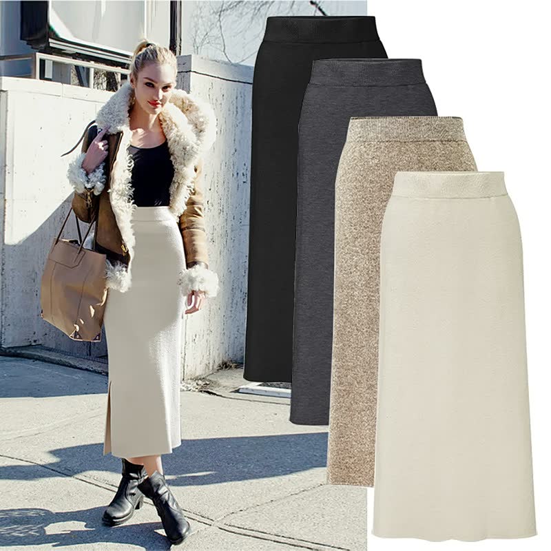 Plus Size Herfst Winter Gebreide A-Lijn Rok | Elastische Taille Split Design